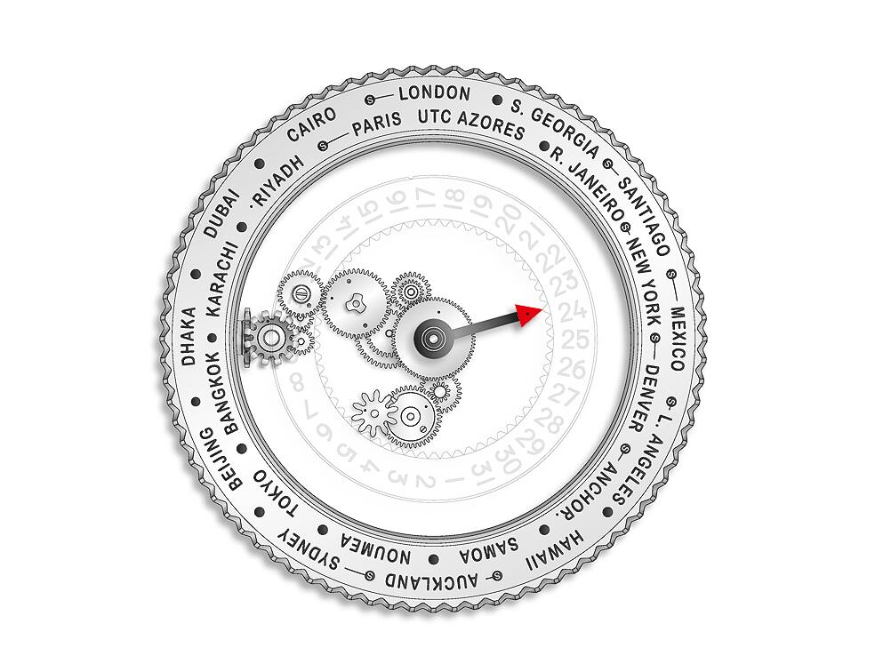 Rörelsen hos Timezonerns roterande ram förmedlas till timhjulet, 24-timmarsvisaren och datumhjulet. En differentialväxel är ansvarig för både den inkrementella omkopplingen och för att tillhandahålla kontinuerlig kraft till timvisarna.